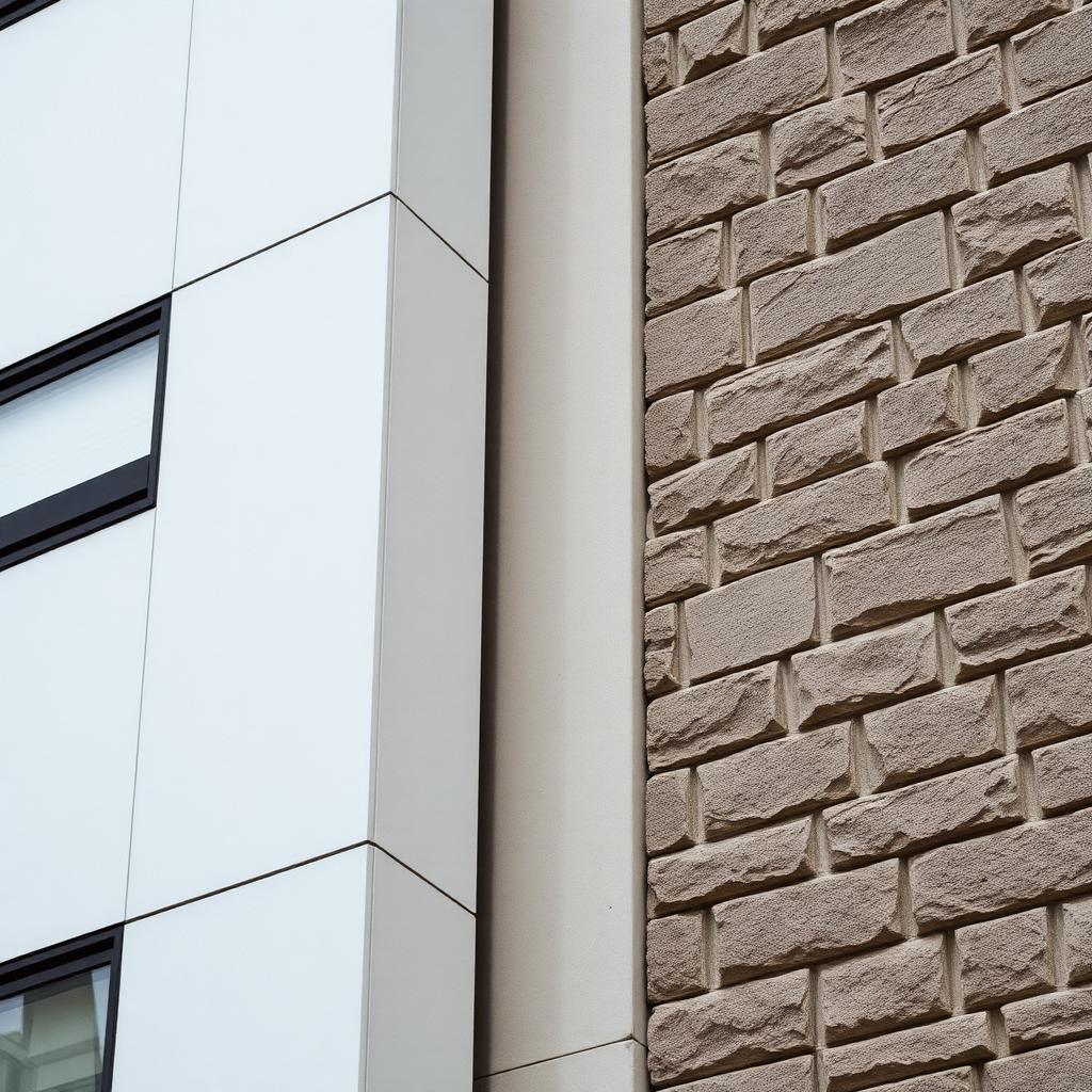 Détail architectural — rencontre entre façade moderne et mur en pierre