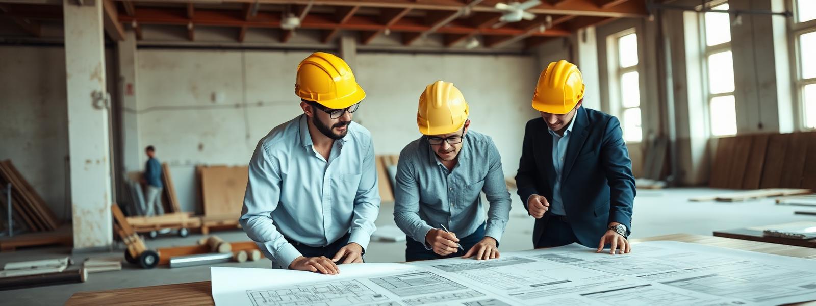 Équipe en réunion de chantier autour de plans — AMO bâtiment