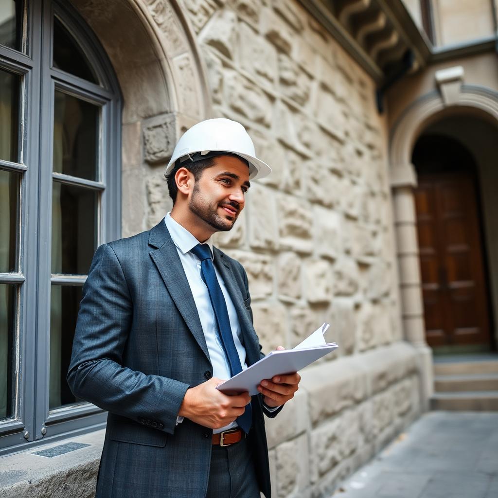 Expert bâtiment en costume et casque examinant une façade en pierre