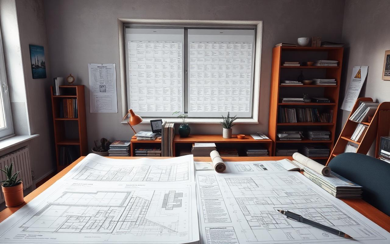 Plans et calendrier de travaux sur un bureau d'architecte